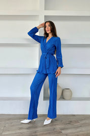 Saks Mavisi Piliseli Kuşaklı Bluz ve Pantolon Takım SY-0411-Saks Mavisi