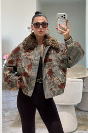 Çiçek İşlemeli Kürk Yakalı Denim Bomber Ceket Gri SY-3851-Gri