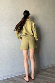 Haki Beli Lastikli Bağlamalı Şort SY-2316-Haki