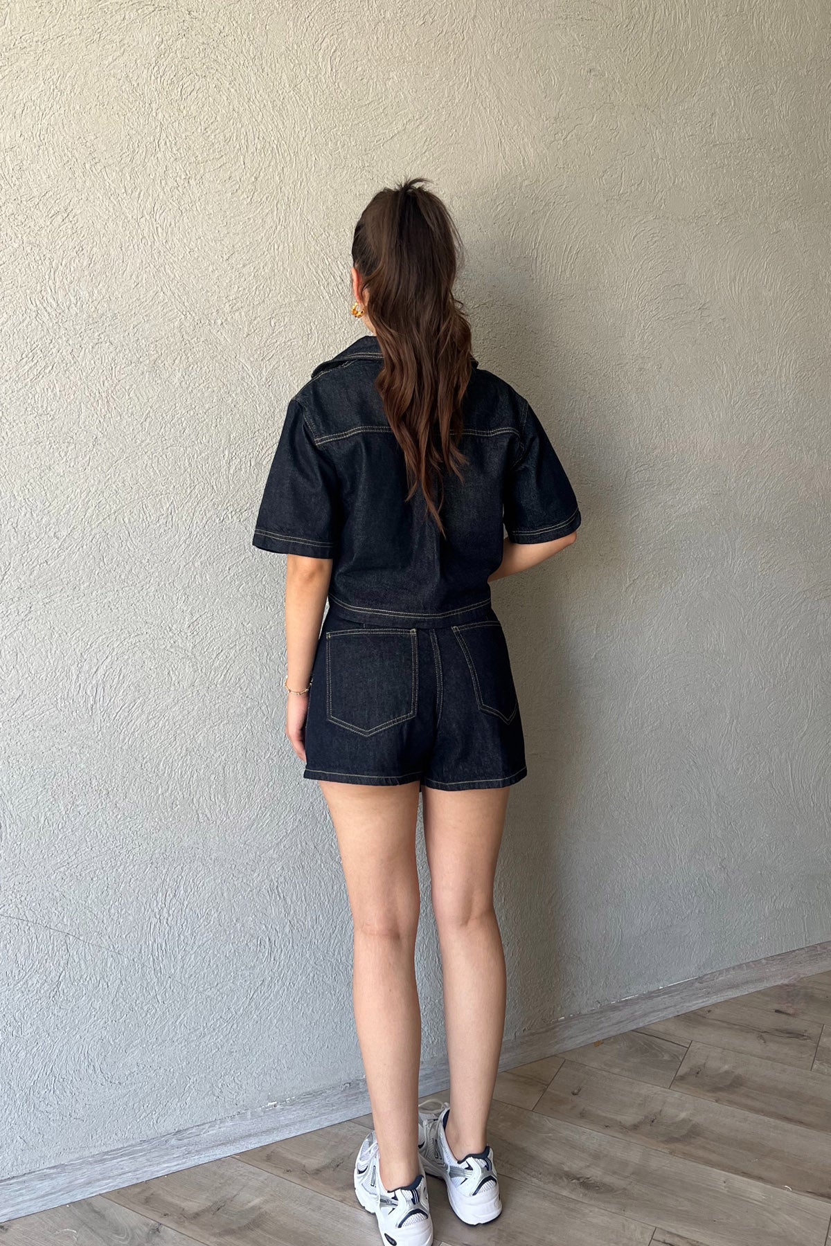 Koyu Mavi Crop Ceket Şort Etek Denim Takım SY-2295-Koyu Mavi