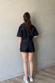 Koyu Mavi Crop Ceket Şort Etek Denim Takım SY-2295-Koyu Mavi