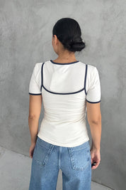 Ekru Atlet Detaylı Yan Büzgülü Bisiklet Yaka T-shirt SY-3317-Ekru