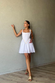 Beyaz Ravello Korse Detay Elbise SY-2375-Beyaz