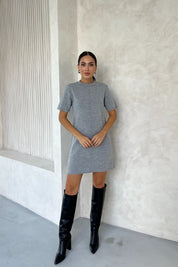 Gri Önü Dikiş Detaylı Kısa Triko Elbise SY-23834-Gri