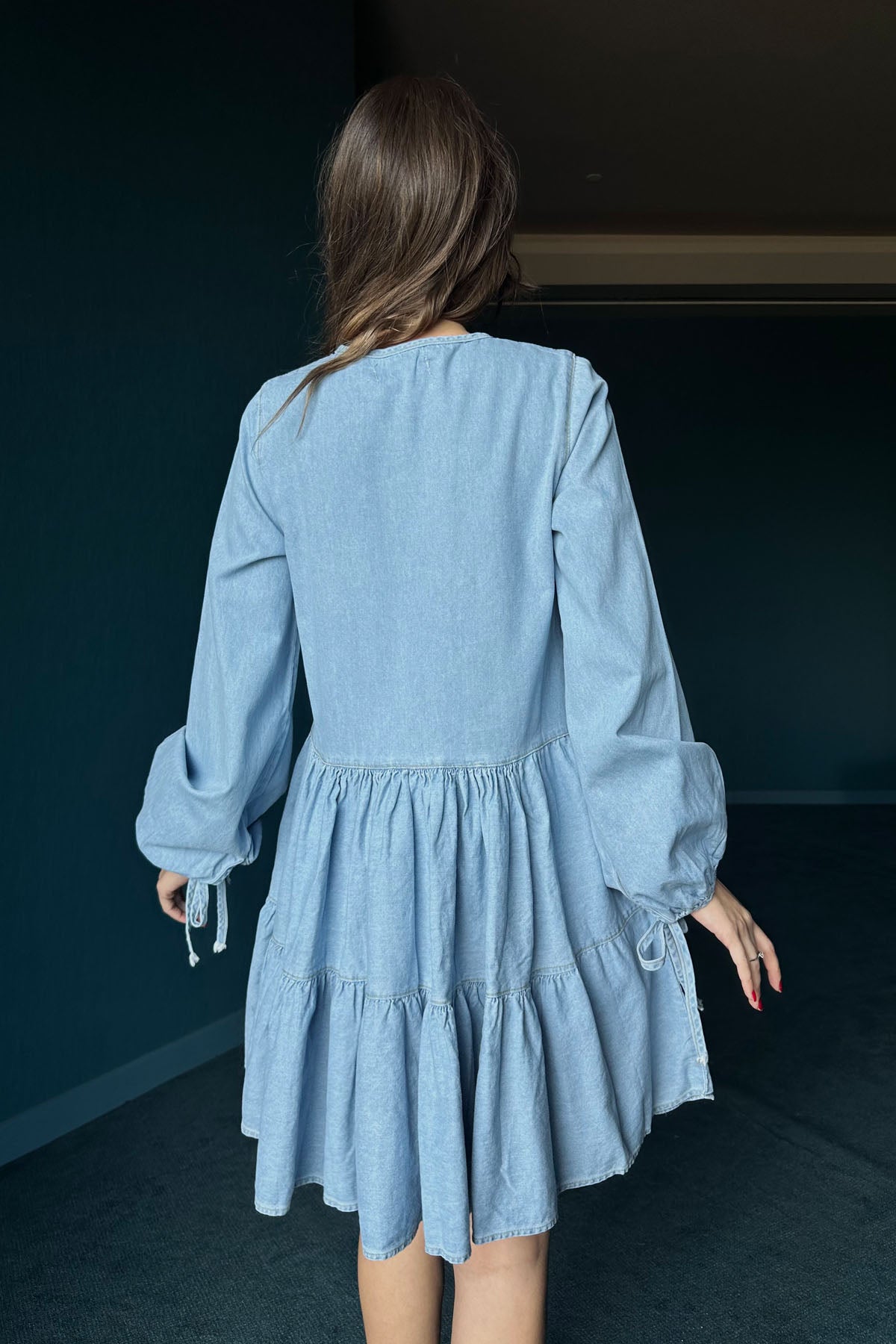 Buz Mavisi Bağcık Detaylı Denim Elbise SY-0335-Buz Mavisi