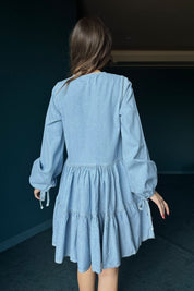 Buz Mavisi Bağcık Detaylı Denim Elbise SY-0335-Buz Mavisi