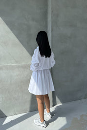 Beyaz Beli Lastikli Fermuarlı Uzun Kollu Elbise SY-2545-Beyaz