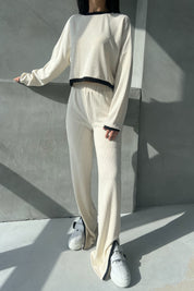 Krem Fitilli Uzun Kollu Crop Pantolon Takım SY-2725-Krem