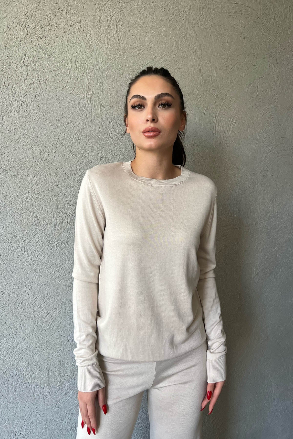 Bej Kazak ve Beli Lastikli Pantolon Triko Takım SY-1583-Bej