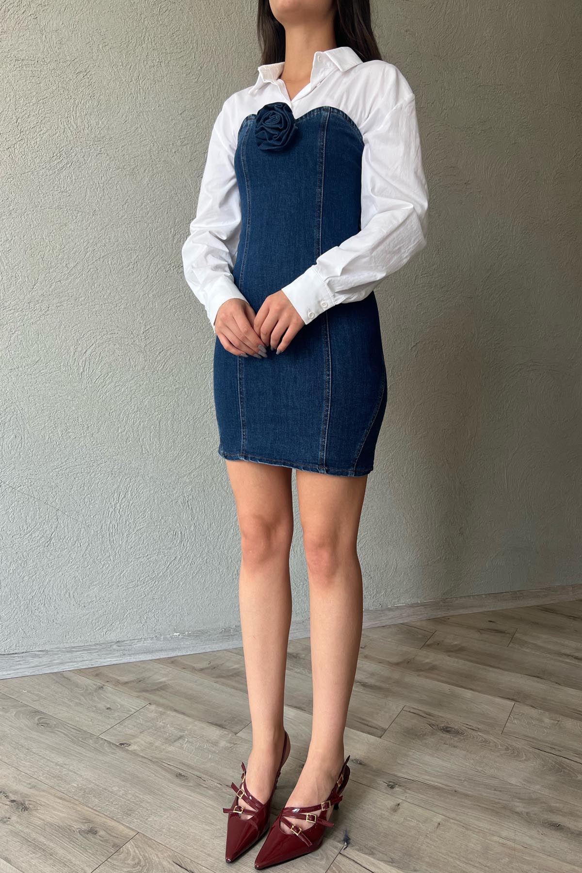 Koyu Mavi Straplez Gül Broş Detaylı Denim Elbise SY-1900- Koyu Mavi