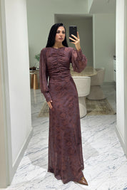 Kahve Önü Büzgü Detaylı Elbise SY-3628-Kahverengi