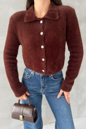 Kahve Çiçek Düğmeli Yumoş Hırka SY-2817-Kahve