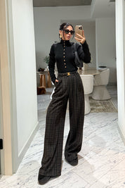 Antrasit Yüksek Bel Ekoseli Kahve Çizgili Pantolon SY-3524-Antasit