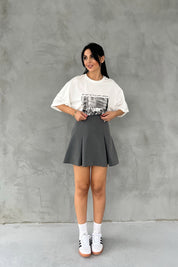 Gri Pileli Fermuarlı Mini Etek SY-2549-Gri