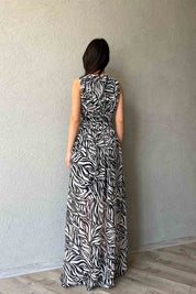 Siyah Desenli Yırtmaçlı Nice Elbise SY-1955-Siyah