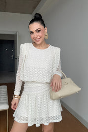 Ekru Güpürli Midi Tasarım Elbise SY-3489-Ekru