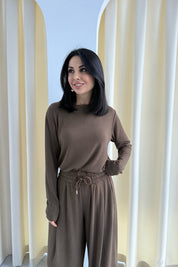 Kahverengi Rahat Kesim Pile Detaylı Eşofman Alt Ve üst Takım SY-3435-Kahverengi