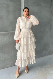 Bej Valonlu Çiçek Desenli Şerit Detaylı Kat Kat Elbise SY-1747-Bejc