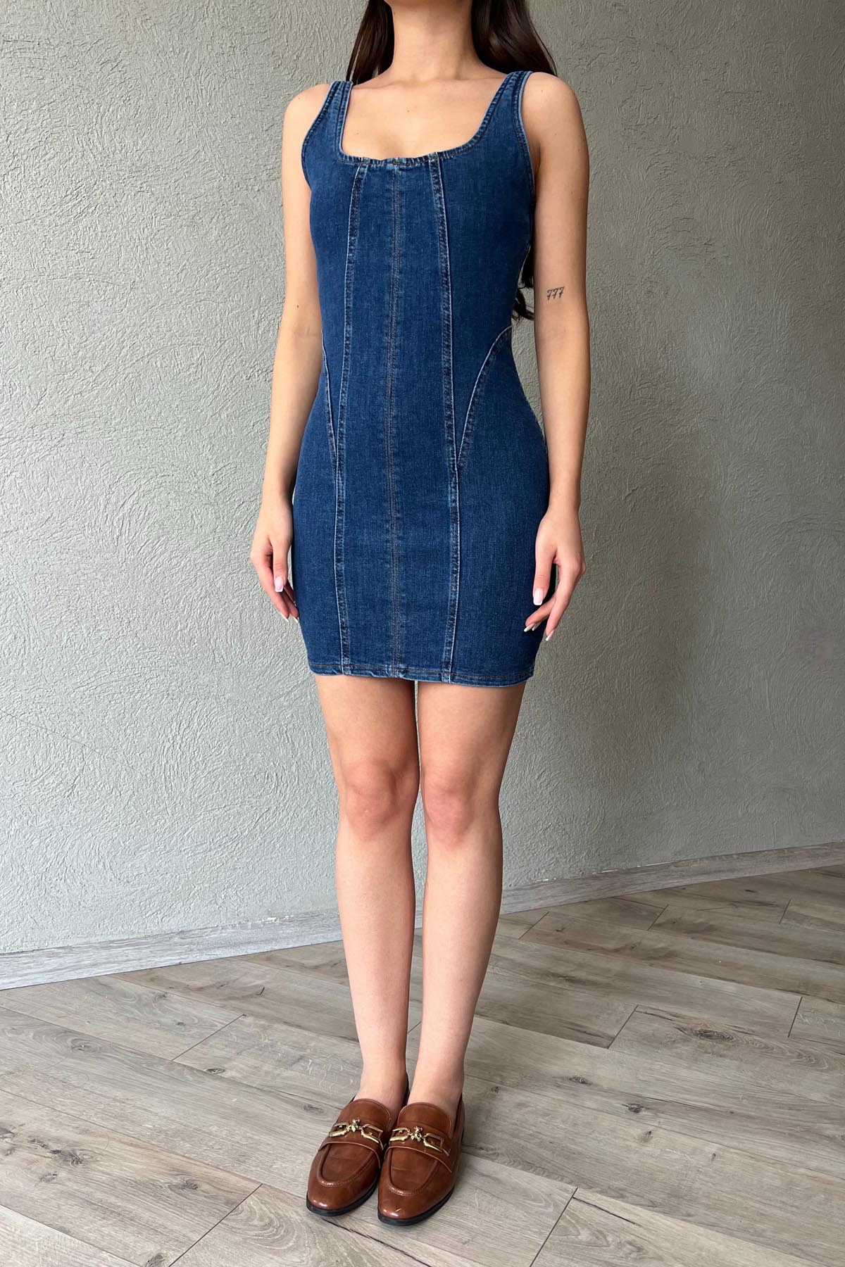 Koyu Mavi Askılı Mini Denim Elbise SY-0561-Koyu Mavi