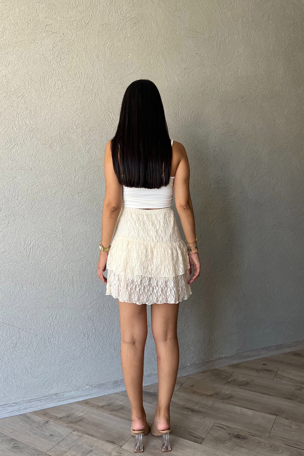 Krem Dantel Detaylı Mini Etek SY-2203-Krem