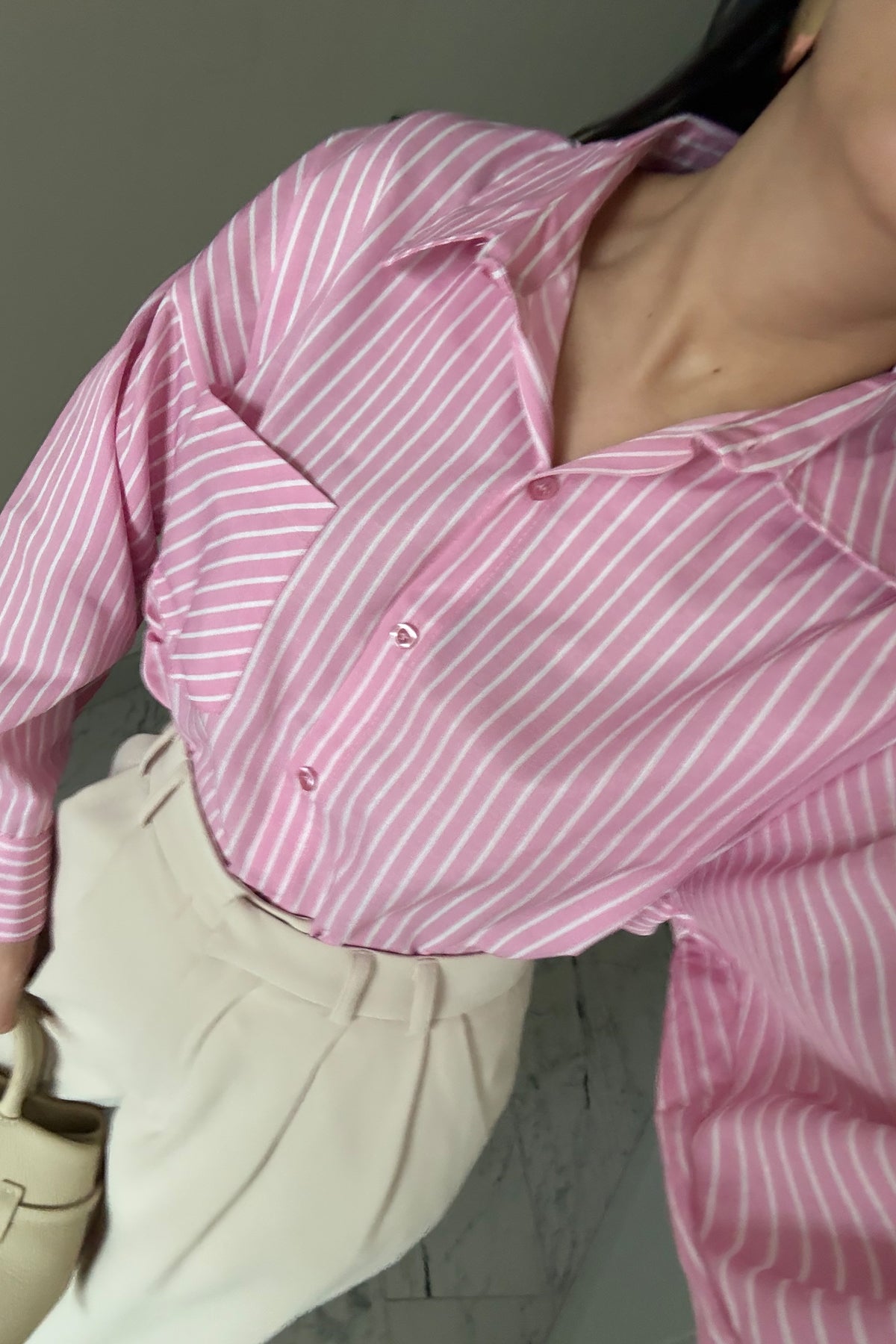 Pembe Çizgili Kadın Gömlek SYM-3428-Pembe