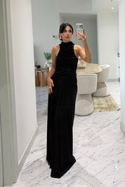Siyah Halter Yaka Maxi Davet Elbisesi Ön Drapeli SY-3782-Siyah