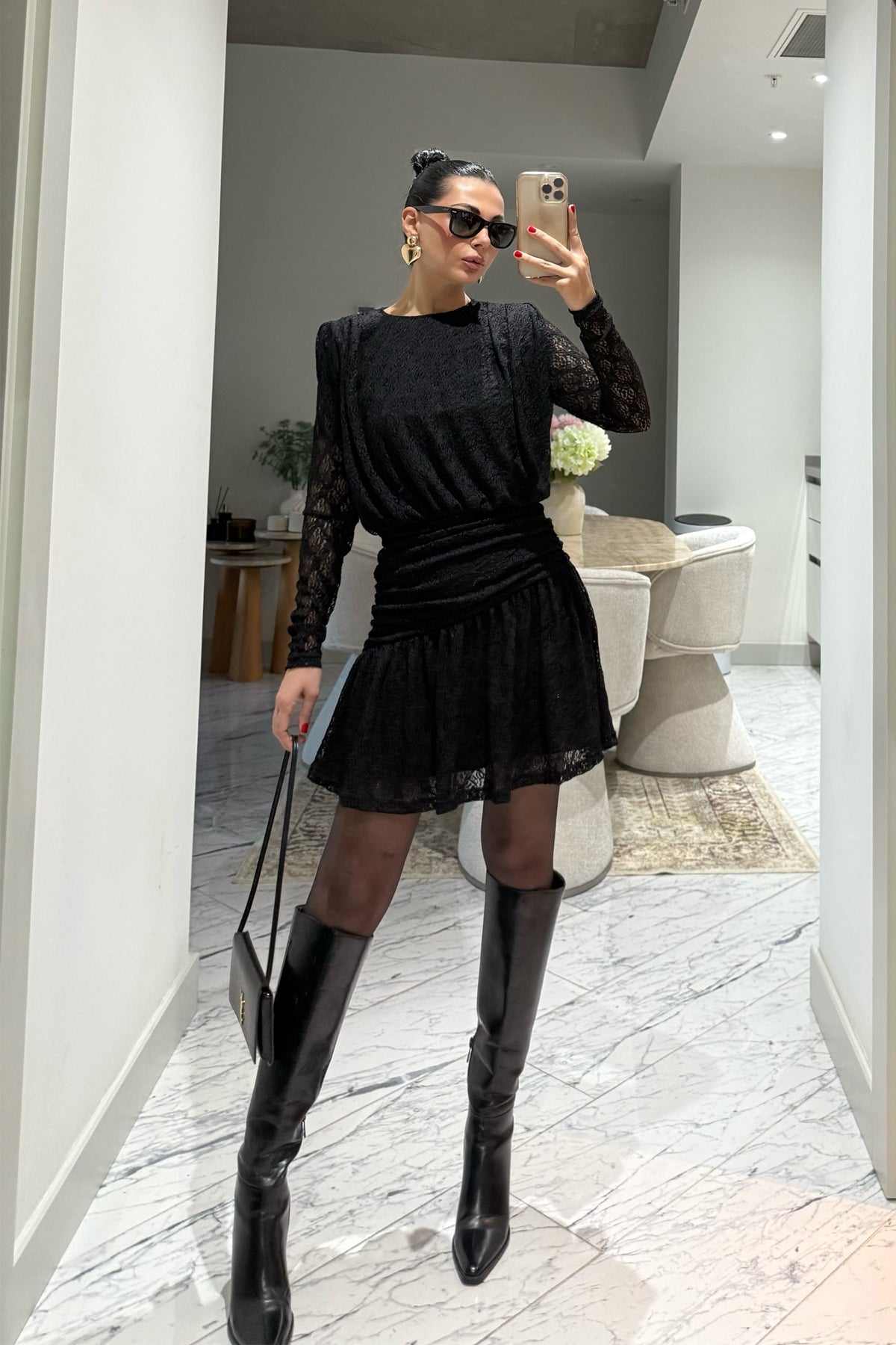 Siyah Güpürli Midi Tasarım Elbise SY-3489-Siyah