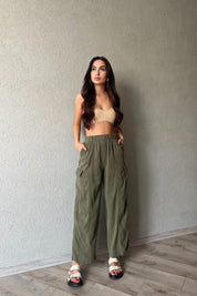 Haki Dikiş Detaylı Kargo Cepli Beli Lastikli Pantolon SY-1863-Haki