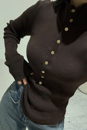 Kahve Dik Yaka Çıtçıtlı Triko Kazak SY-3502-Kahverengi