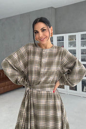 Ekose Desenli Kuşaklı Midi Elbise SY-3465-Haki