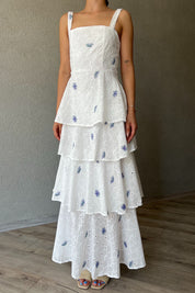 Yeşil Mor Çiçekli Arkası Bağlama Detaylı Kat Kat Elbise SY-2038-Yeşil-Mor