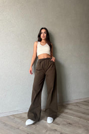 Haki Beli Lastik Detaylı Gabardin Bol Paça Pantolon SY-1916-Haki