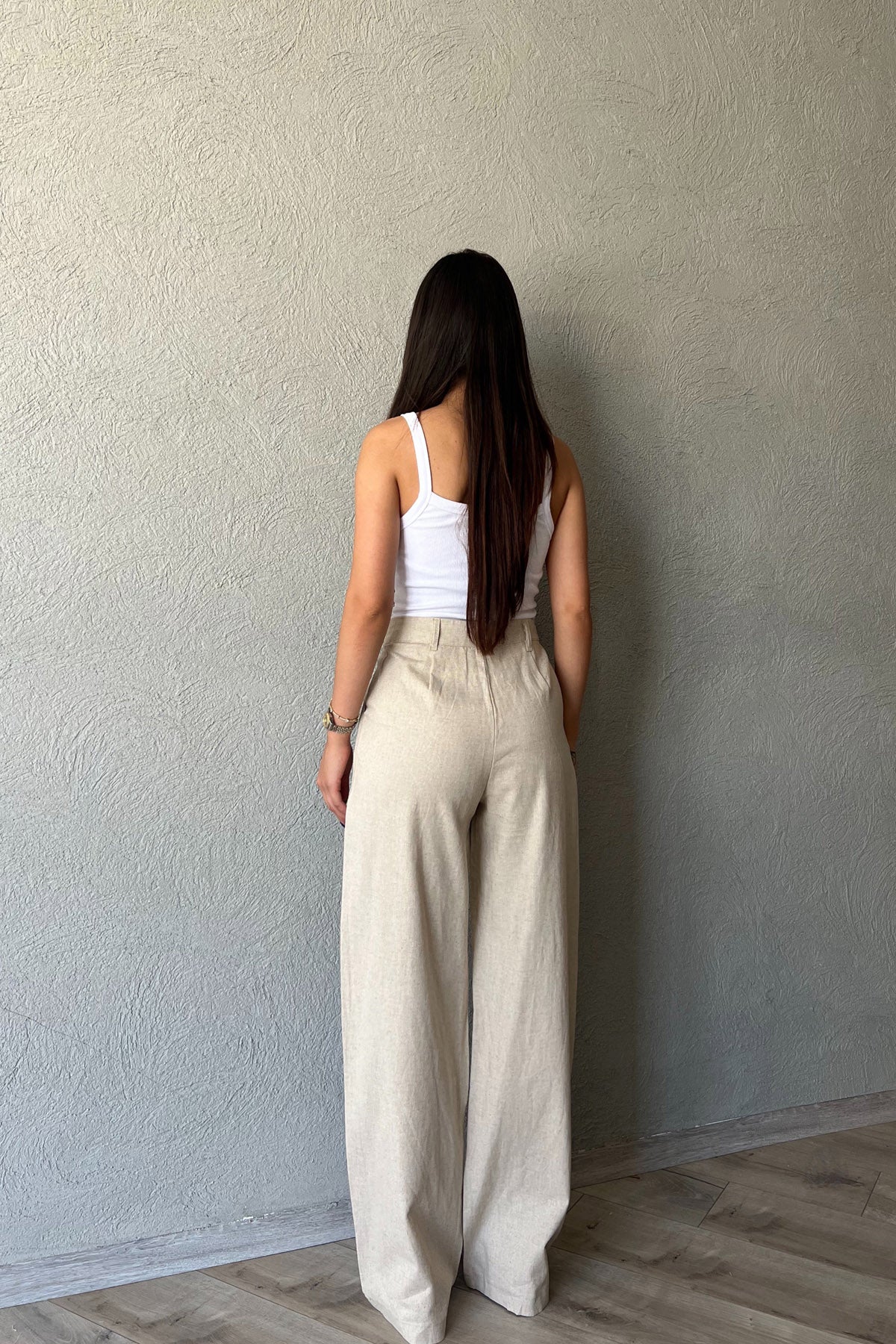 Bej Ham Keten Bol Paça Palazzo Pantolon SY-2238-Bej