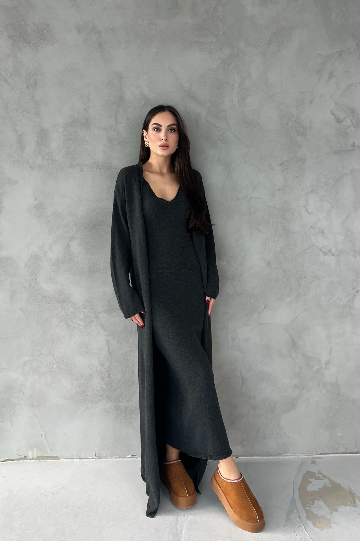 Antrasit V Yaka Uzun Elbise Hırka Triko Takım SY-2716-Antrasit