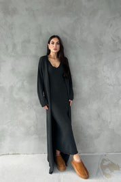 Antrasit V Yaka Uzun Elbise Hırka Triko Takım SY-2716-Antrasit