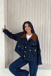 Lacivert Kadife Yaka Kargo Cep Detaylı Denim Ceket SY-2532-Lacivert