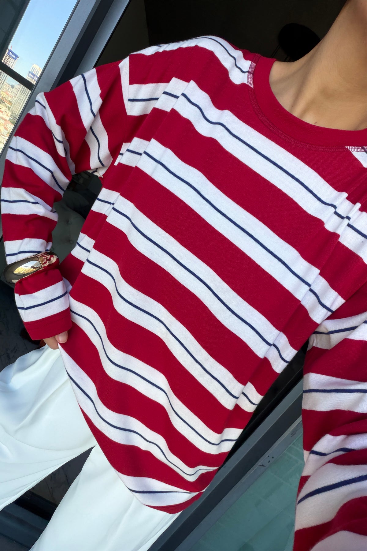 Kırmızı Uzun Kollu Çizgili Tshirt SY-3849-Kırmızı