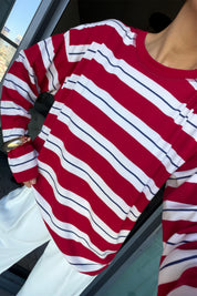 Kırmızı Uzun Kollu Çizgili Tshirt SY-3849-Kırmızı