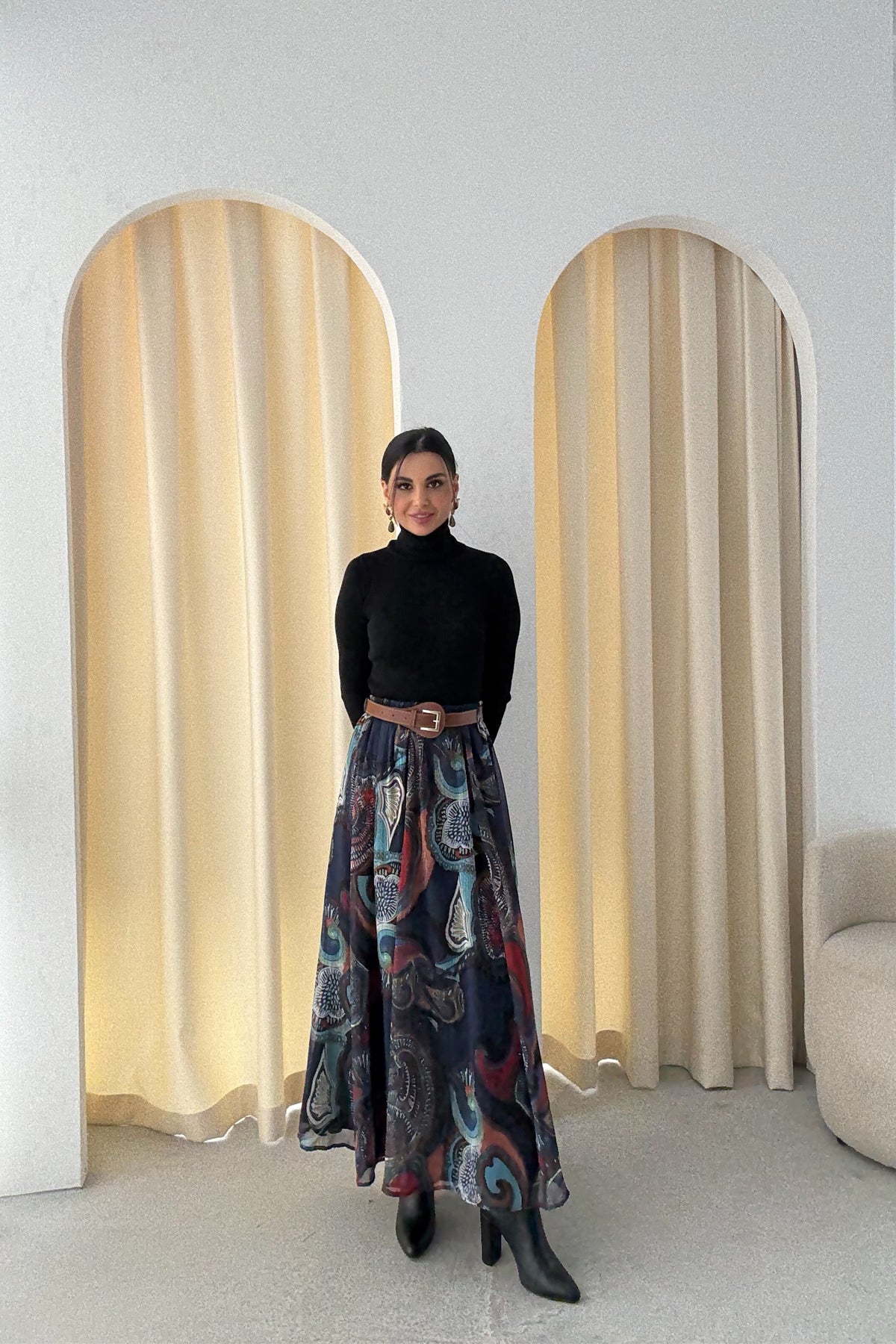 Lacivert Kemerli Metalik ipli Baskılı Etek SY-3478-Lacivert