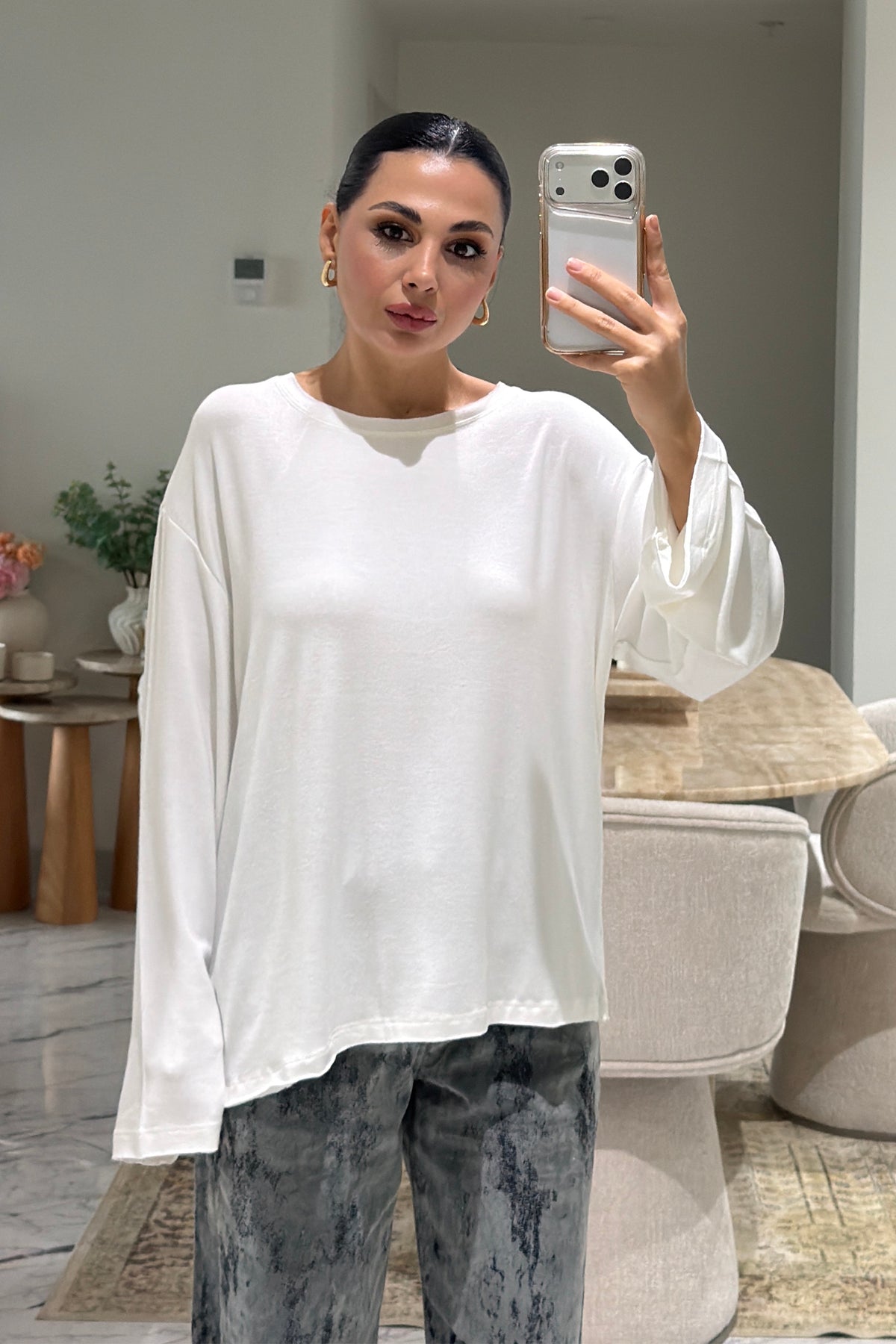 Ekru Bisiklet Yaka Oversize Basic Bluz SY-3899-Ekru