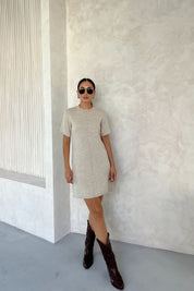 Bej Önü Dikiş Detaylı Kısa Triko Elbise SY-23834-Bej