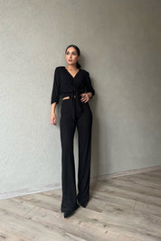 Siyah Simli Crop Bluz ve Pantolon Takım SY-1498-Siyah