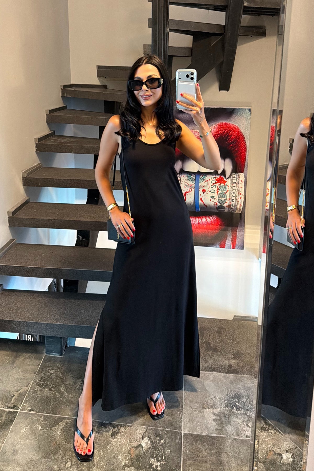 Siyah Kare Yaka Yırtmaçlı Elbise SY-3758-Siyah