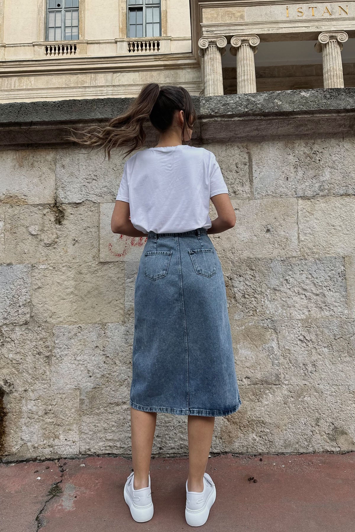 Mavi Düğmeli Midi Boy Basic Kadın Kot Etek SY-0259-Mavi