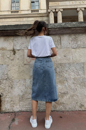 Mavi Düğmeli Midi Boy Basic Kadın Kot Etek SY-0259-Mavi