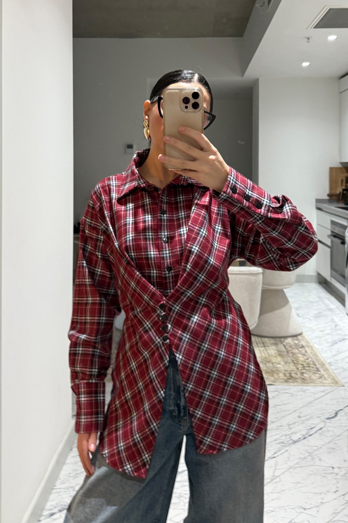 Kırmızı Asimetrik Kesim Ekose Gömlek SY-3512-Kırmızı