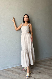 Bej Desenli Kolu Fırfırlı Bağlamalı Elbise SY-2347-Bej