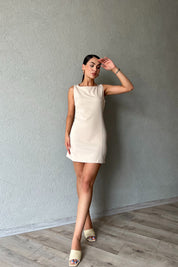 Bej Sıfır Kol Mini Elbise SY-2276-Bej