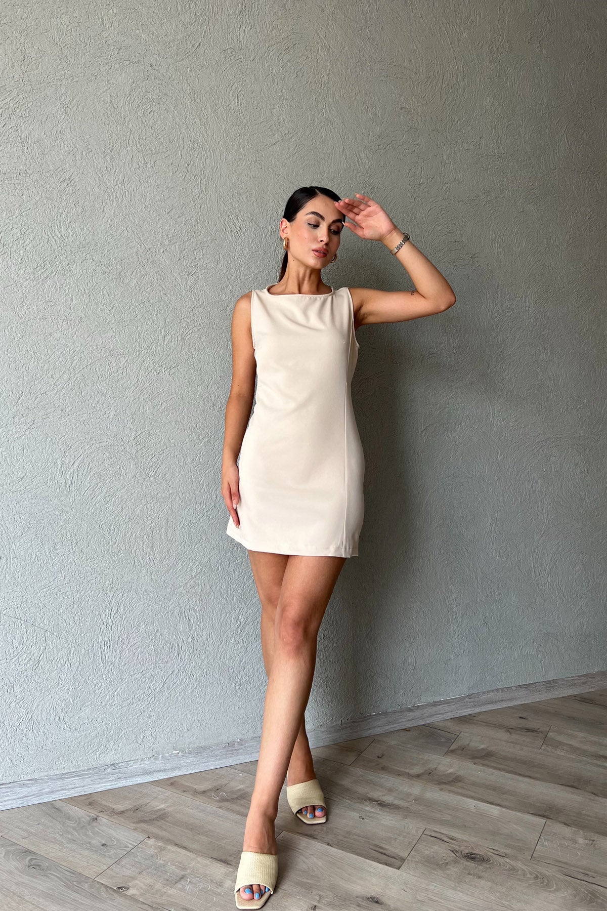 Bej Sıfır Kol Mini Elbise SY-2276-Bej
