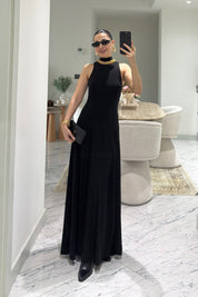 Siyah Balıkçı Yaka Maxi Boy Dökümlü Şık Kadın Elbise SY-3632-Siyah